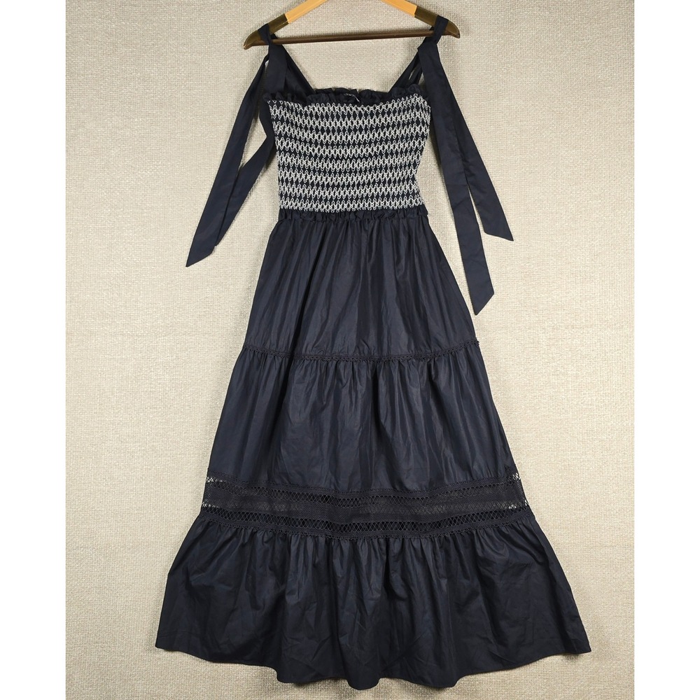 En Saison Navy Blue Smocked Tiered Maxi Dress Lace Insets Small